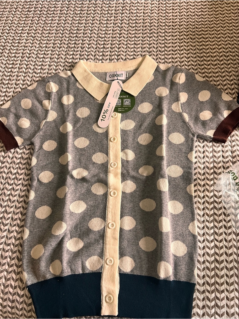 OXKNIT Women’s Polka Dot Button-Up Top in Gray and Cream